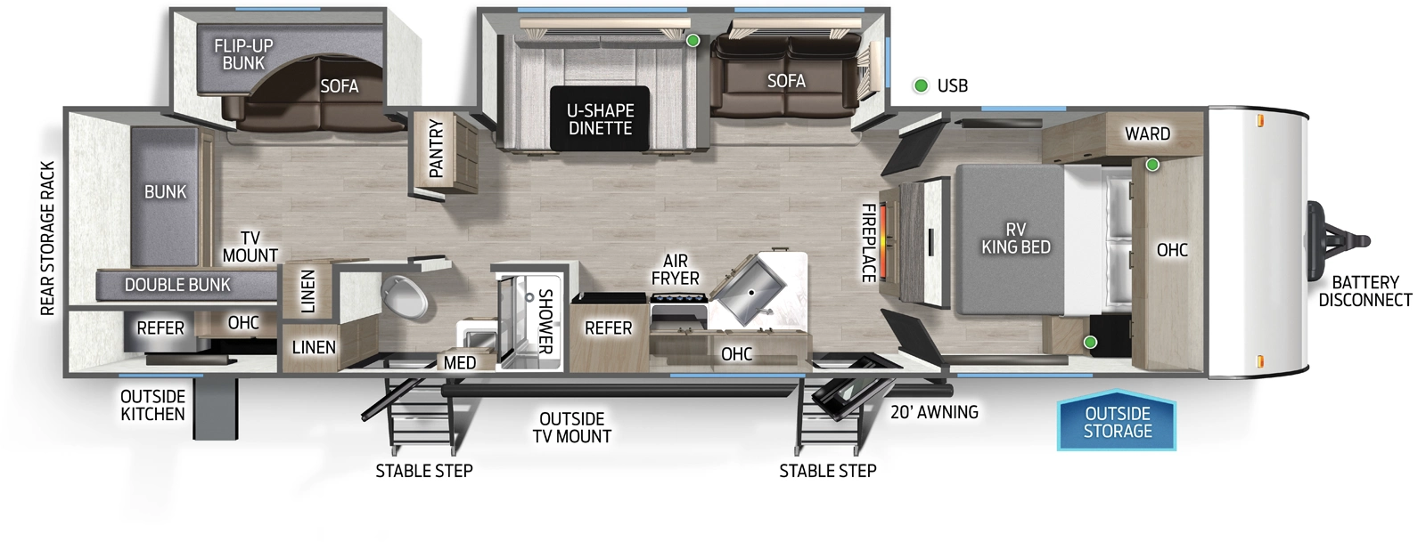 The Cascade 301BHC floorplan has two entries and two slide outs. Exterior features include: fiberglass exterior, 20' awning and outside kitchen. Interiors features include: bunk beds, u-dinette and front bedroom.